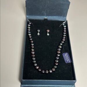 Freshwater Pearl Necklace & Sterling Silver Stud Earrings Set - Iridescent Black